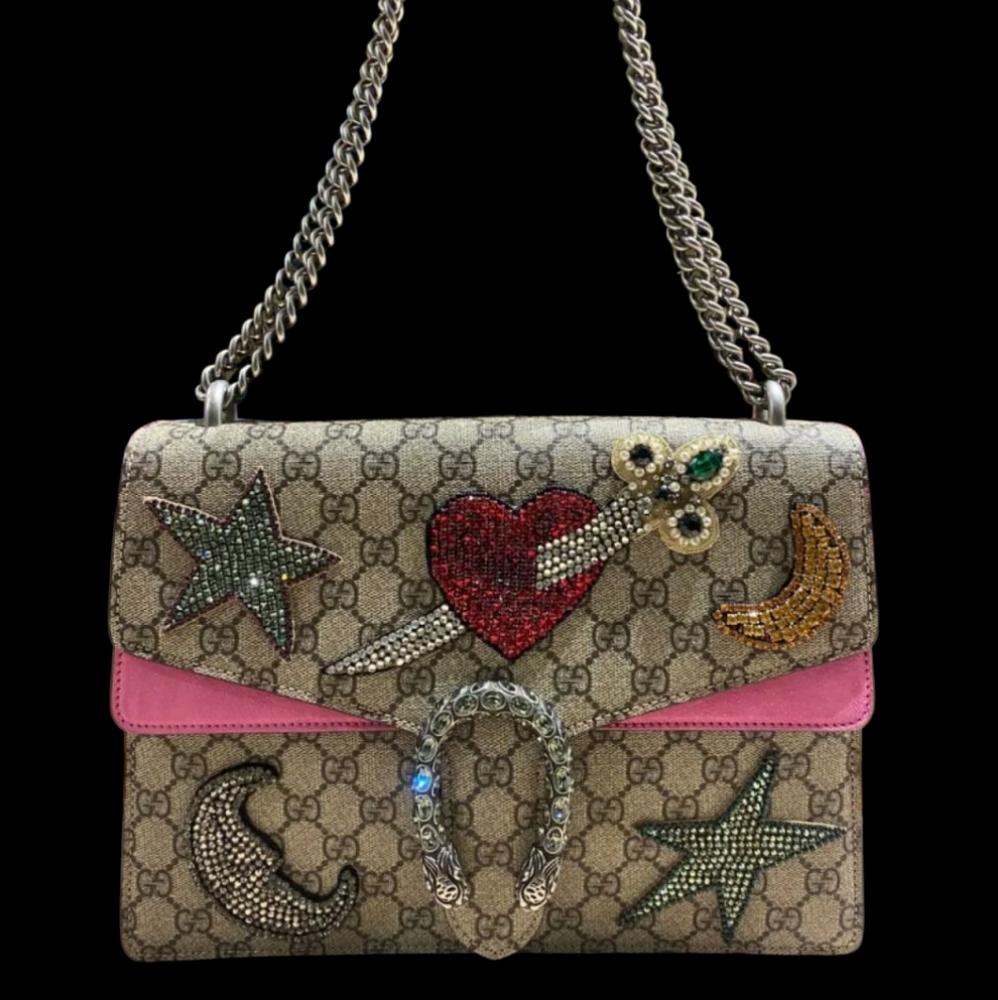 Gucci GG Supreme Medium Dionysus Pierced Heart Embroidered Sequin Beige Bag.